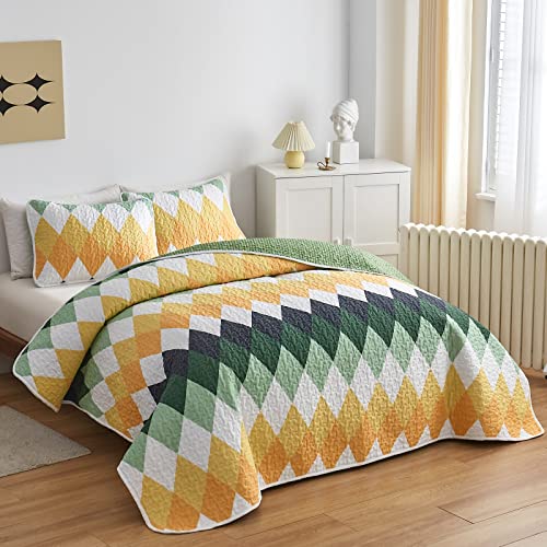 Yellow Green Rhomb Plaid Quilt Set 3Pc Queen Size Reversible Coverlet Bedspread Set Soft Microfiber Lightweight Summer Quilt Bedding Set Bed Cover For All Season 88X88 #TOP3