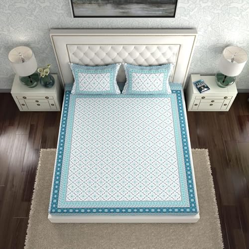 Image of La Verne 140 TC 100% Cotton King Size Jaipuri Rajasthani Print Bedsheet with 2 Pillow Covers (White-Blue)