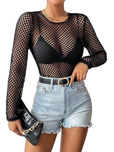 GORGLITTER Women's Fishnet Top Shirt Gothic Long Sleeve Crew Neck Fall Rave Goth Festival Concert Grunge Going Out Tops Black Large