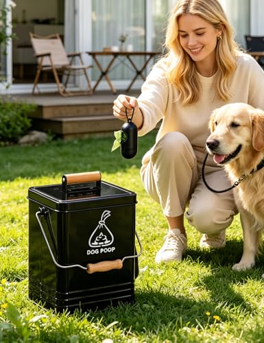 Image of Dog Poop Trash Can Outside, Metal Pet Waste Trash Can with Lid & Handle, 5L /1.3Gal Dog Waste Station with Bag Holder & 30 Bags(Black)