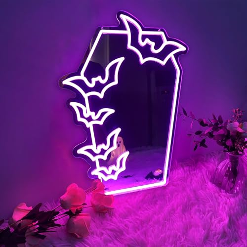 Image of Coffin Bat Neon Mirror, Gothic LED Coffin Sign, Spooky Bat Neon Light Sign, Gothic Room Wall Art, Makeup Mirror, Halloween Neon Sign 20″x14.6″