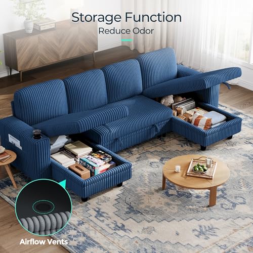 Image of LINSY HOME Sectional Sleeper Sofa Pull Out Couches for Living Room (Blue, Sleeper Sofa 3) | Pull Out Sofa Bed, Storage, USB Charging, Cup Holders, Plush Corduroy