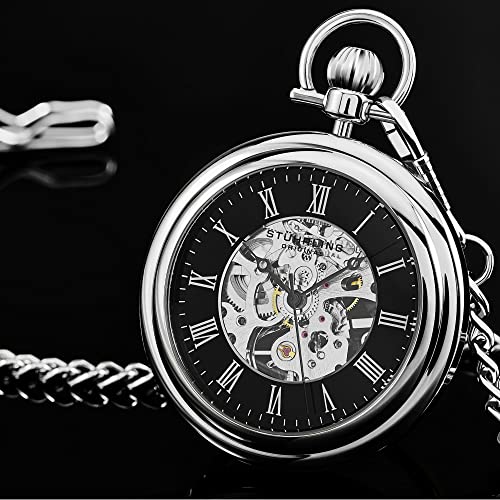 Stuhrling Original Men's Pocket Watch Stainless Steel Analog Skeleton Watch Hand Wind Mechanical Movement Stainless Steel Chain (Black) #TOP1