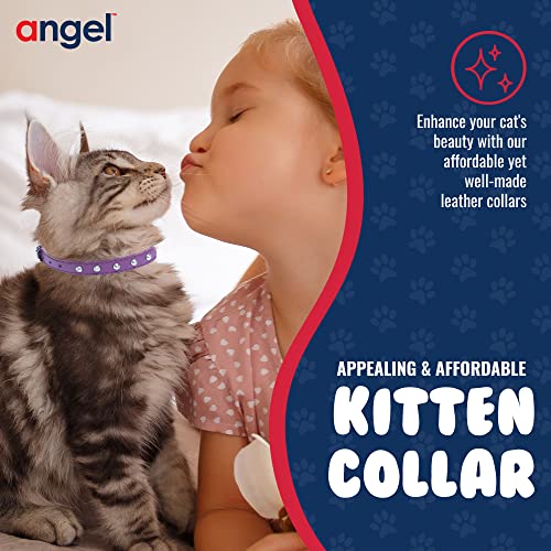 Studded Cat Collar, Genuine Leather Kitten Collar, Sturdy Breakaway Cat Collar With Bell And Elastic Stretch,Cat Accessories, Orchid Purple, 12 X 1/2 Inches - Angel Pet Supplies #TOP3