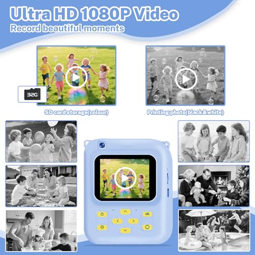 Image of Instant Print Camera for Kids, 1080P Video Camera with 3 Print Rolls | 32GB Card & Cute Cover, Gift for Girls Boys Age 3-12, Toddler Digital Camera with Games, Filters, Music - Blue