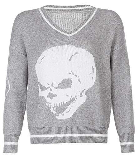 UANOU Adretter Stil Y2K Pullover Tops für Frauen Ovesized Vintage Graphic Print Ästhetische Pullover V-Ausschnitt Harajuku Tops Niedlich und Psycho Gr. XL, A-Grau Cover