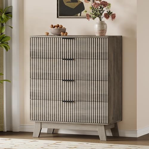 Image of BORNOON 39 inch Tall Dresser for Bedroom, 4-Drawer Fluted Chest of Drawers, Modern Wood Highboy with Deep Storage, Metal Slides & Handles, Anti-Tip Kit, Vertical Clothes Organizer for Apartment, Nursery