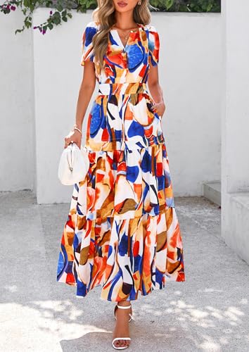 Image of PRETTYGARDEN Women's Summer Boho Floral Maxi Dresses | Bohemian Flower,Short Sleeve V Neck,Elastic Waist,A Line Tiered,Flowy Long,Pockets,Wedding Guest Party,Beach Vacation Outfits