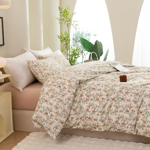 ECOCOTT Floral Duvet Cover Queen Size – 3 Piece 100% Washed Cotton Bedding Set with Zipper Closure, Soft Lightweight Breathable Botanical Print Comforter Cover for Spring Summer Bedroom Decor