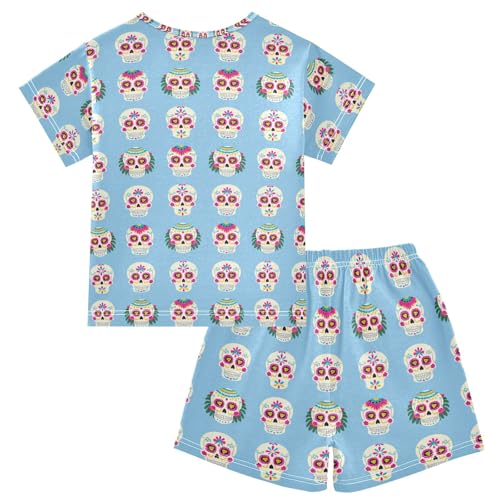 CHIFIGNO Sugar Skulls Light Blue Unisex Snug-Fit Short Sleeve Soft Pajama Sets with Pocket 5Y2