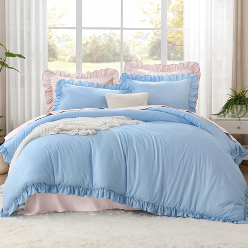 Image of Litanika Light Blue Full Size Comforter Sets, 3 Pieces Ruffle Farmhouse Aesthetic Bedding Comforter Sets, All Season Soft Lightweight Fluffy Microfiber Bed Set(79x90In Comforter, 2 Pillowcases)