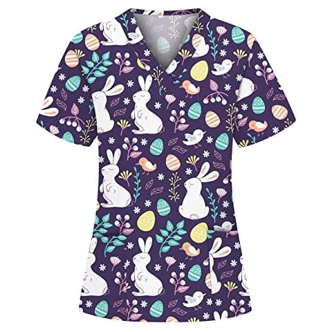 Easter Scrub Tops Women Working T-Shirt Printed Short Sleeve V-Neck Scrubs T-Shirts Workwear Homewear Cover