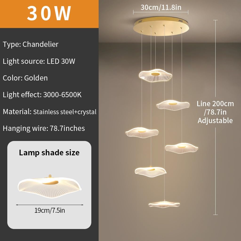 LED Nowoczesna plafonierka Lampka stołowa Lotos Liść Żyrandol Akrylowy Abażur Może Inteligentna Kontrola Złote Oświetlenie schodów Wysokość regulowana Korytarz salon kuchnia światło(6 heads)