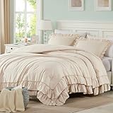 Cupocupa Beige Full Comforter Set, 3Pcs Ruffle Farmhouse Bedding Sets with Comforter & Pillowcases, Soft Shabby Chic Lightweight Fluffy Comforter Set for All Season Bedroom Decor (Beige, F)