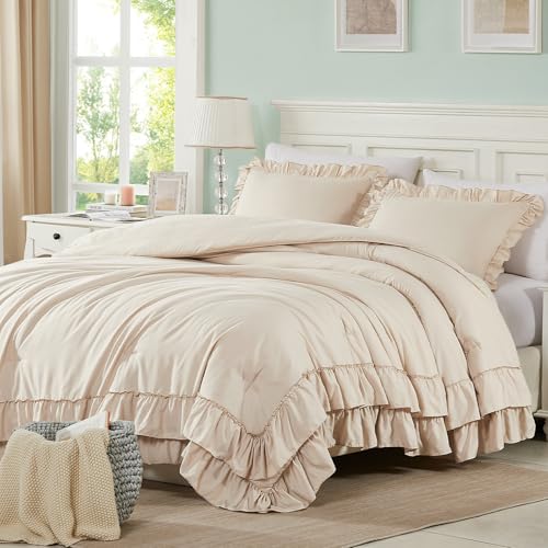 Image of Cupocupa Beige Full Comforter Set, 3Pcs Ruffle Farmhouse Bedding Sets with Comforter & Pillowcases, Soft Shabby Chic Lightweight Fluffy Comforter Set for All Season Bedroom Decor (Beige, F)