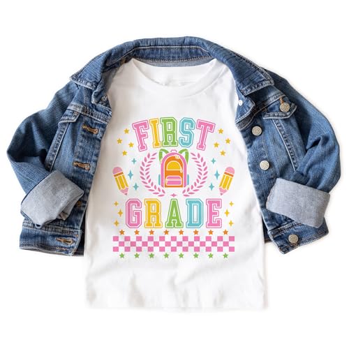 Preppy First 1st Grade Shirts For Girls - Back To Elementary School Pencil Backpack Outfit - Cute Gift For First Day Of School Announcement - Natural Toddler & Youth T-Shirt3