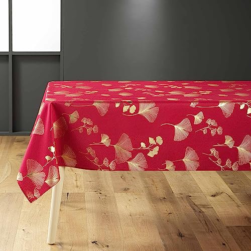 Douceur d'Intérieur Bloomy - Mantel, Rectangular, 150 x 240 cm, Rojo y Dorado, poliéster Estampado Metalizado