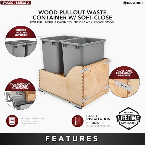 Image of Rev-A-Shelf Pullout Trash Cans for Kitchen Cabinet, Dual 35 Qt Bins with 15 inch Wood Frame - Large Garbage Bin Containers for Home Waste Storage and Recycling