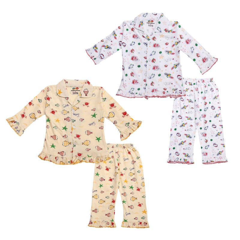 Image of superminis Hosiery Cotton Night Suit with Frill - Full Sleeves, Collared Neck, Sleep Wear for Girls, Kids