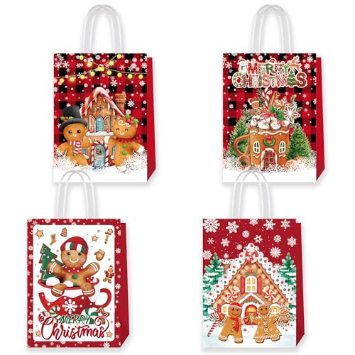 Lyosehy24Pcs Christmas Gift Bags Gingerbread Man Holiday Paper Bags Gingerbread Man Medium Christmas Gift Bags with Handles Kraft Paper Bags Bulk four Designs for Holidays Party Favors and Presents