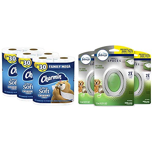 Charmin Ultra Soft Cushiony Touch Toilet Paper, 18 Family Mega Rolls = 90 Regular Rolls (Packaging May Vary) & Febreze Small Spaces Pet Odor Eliminator, Air Freshener, Fresh Scent, 3 Count