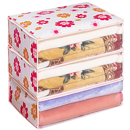 アストロ 布団収納ケース 毛布 軽寝具用 3枚組 通気性の良い不織布がホコリなどの汚れをガード 中身の見える透明窓付き ふとん収納 布団袋 収納ボックス 収納袋 引っ越し クローゼット 押し入れ ホワイト 花柄 618-92