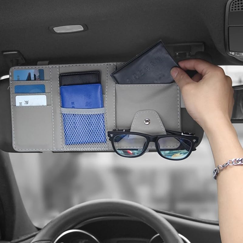 Image of Spirex Car Accessories Car Sun Visor Organizer, Sunglass Pen Card Small Document Storage Pouch Holder, PU Leather, Multi-Pocket with Zipper Net (multicolour)