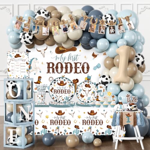 My First Rodeo Decorations Boy Western Cowboy 1st Birthday Decorations All-in-One First Rodeo Birthday Tableware Set with Backdrop Balloon Boxes for Boy 1st Birthday Party Supplies