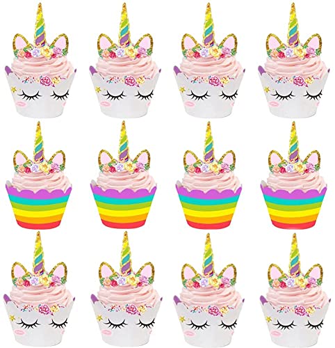Meet-shop Topper de Gâteau,Licorne Cupcake Toppers et Wrappers 24 Pièces Décorations de Gâteau pour Les Enfants Anniversaire Bébé Douche Fête de d'anniversaire Cover