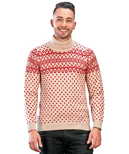 Men’s Turtleneck Sweater for Christmas Season – Winter Jumper in Red and Beige Alpaca Wool