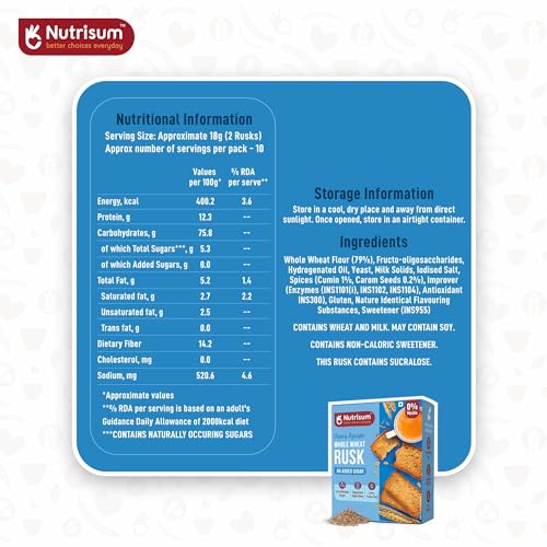 Image of Nutrisum Premium Whole Wheat Rusk Jeera & Ajwain Flavour, High Fiber, Refined Sugar Free, Tea Toasts 180 gms (Pack of 4)