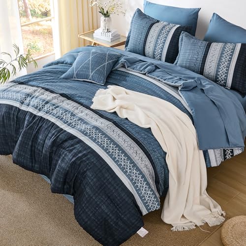 Image of Dintszyayue Navy Blue King Comforter Size Set, 8 Pieces Striped Texture Bed in a Bag Bedding Sets, Lightweight Soft Comforter and Sheet Set, All Season Microfiber Teen Boys Bedding Sets for Men Women