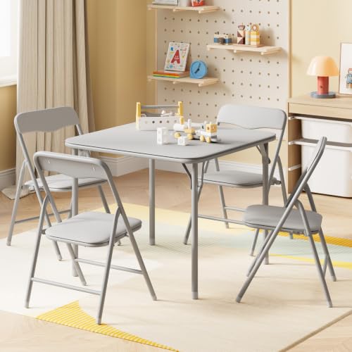 Image of JOYMOR Kids Folding Table and Chairs Set, 5-Piece Metal Frame Activity Set with Easy-Fold Design for Playroom & Classroom, Gray