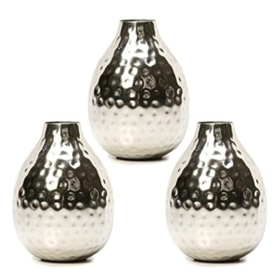 Hosley Set of 3 Metal Bud Vases - Your Choice of Colors. 4.5 Inch High. Ideal Accent Piece for Coffee and Side Tables as Well as Dried Floral Arrangements (1-Silver Finish)