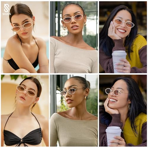 SOJOS Retro Skinny Oval Rhinestone Sunglasses for Women 90s Styles Bling Hippie Disco Trendy Sun Glasses Small Face SJ12052