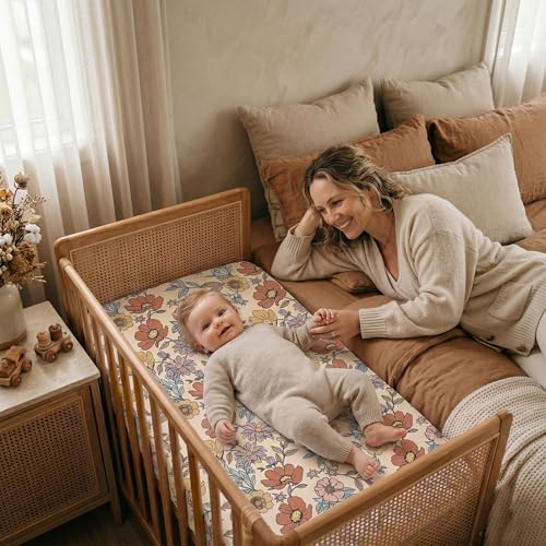 Image of Baby Bassinet Sheets 33x20 for Newton,Airclub,Maxi Cosi,Angelbliss,Dream on Me,Mika,Harppa,Amke,ezebaby Rectangle Bassinet Mattress - Retro Floral 3 Pack Girl