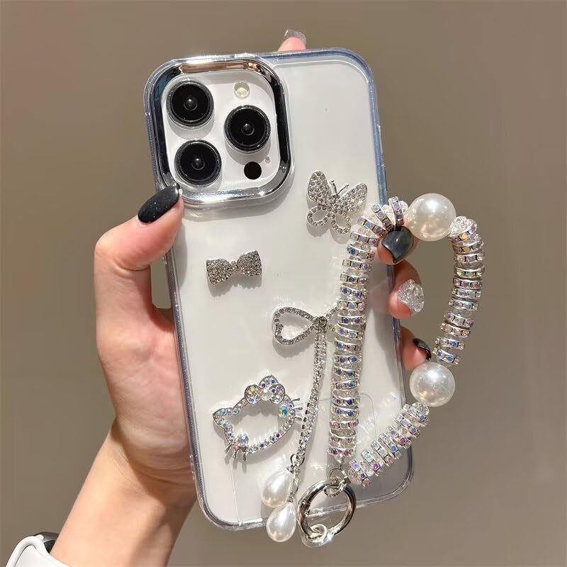 BEENTRYS Transparente Funda para Redmi K50 Ultra/Xiaomi 12T / 12T Pro Funda y Cadena,3D Diseño Lazo Purpurina Perlas Diseño Estético Niñas Mujeres Suave TPU Delgado Antigolpes Carcasa-Clear
