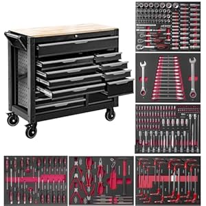 JOMAFA Carro de Taller Grande de 13 cajones con Bandeja de Madera, Edición XXL con 6 modulos de Herramientas Rojo
