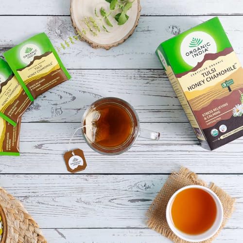 Image of A TATA Product - Organic India Tulsi Honey Chamomile Infusion - 25 Tea Bags, Certified Organic, Stress Relief, Calming, Promotes Sleep, Caffeine-Free (Pack of 3)