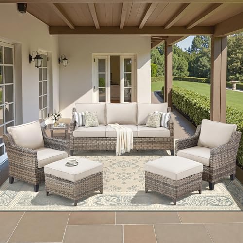 AMCLOBA Buenhomino Outdoor Patio Furniture Set-PE Wicker Sofa Couch with Ottomans Comfy Cushions, All Weather High Back Patio Conversation Set for Porch Deck Balcony Garden Grey/Beige