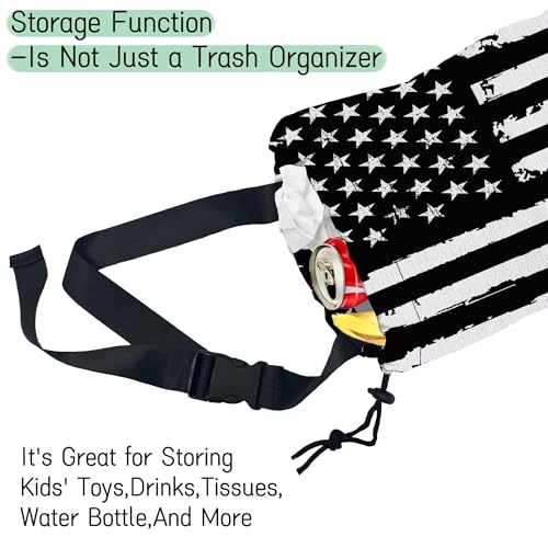 Image of Retro American Flag Car Trash Bag,Hanging Drawstring Car Garbage Bag,Waterproof Canvas Car Back Seat Organizer with Adjustable Buckle,for Vehicles,SUVs,Camping,Road Trips