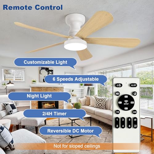 Image of Depuley Small Ceiling Fan with Lights: 42-Inch Flush Mount Fan with Light and Remote - Low Profile Ceiling Fans Reversible Quiet DC Motor for Bedroom Living Room Indoor Outdoor, Wood Color