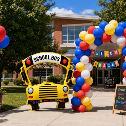 Image of Colingmill 35 Inch School Bus Photo Frame Back to School Inflatable Balloon Decorations Photo Backdrop Booth Selfie Frame Background for Classroom Party Supplies