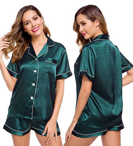Image of LecGee Womens Silk Satin Pajamas Short Sleeve Loungewear Two-Piece Sleepwear Button-Down Pj Set