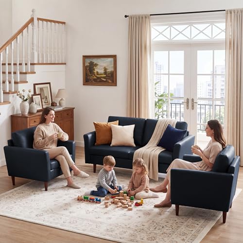 Image of Kingfun 3 Piece Living Room Furniture Sets, Loveseat and 2 Armchair, Faux Leather Couch Set, Mid Century Modern Sofa Set with Solid Wood Frame for Living Room, Office, Royal Blue