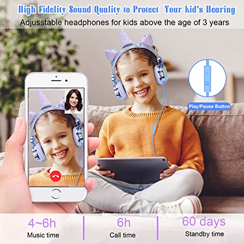 Image of Unicorn Kids Headphones for Girls Children Teens, Wired Headphones w /Microphone 3.5mm Jack, Over On Ear Headset for School Birthday Xmas Unicorn Gift (Fairy Blue)