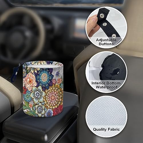 Image of Boho Flowers Car Trash Can Waterproof Auto Vehicle Garbage Organizer Bag Hanging Car Waste Basket Holder for Front Seat Back, Seat, Floor, Headrest