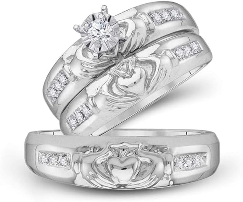 14K White Gold Over Round Cut White Diamond 925 Sterling Silver Matching Wedding Bridal Trio Ring Set for His & Her