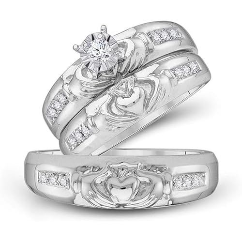 PG Jewellery 14K White Gold Over Round Cut White Diamond 925 Sterling Silver Matching Wedding Bridal Trio Ring Set for His & Her