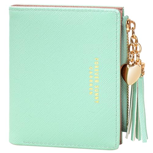 Image of KOTORA Womens Small Wallet Girls Tiny Slim Wallets Pretty Mini Card Holder Thin Short Zip Coin Purse with Love Pendant and Tassels (Green)